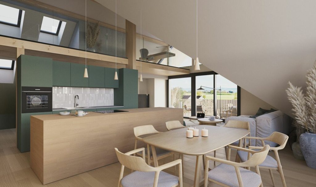 Nordische Architektur in Holz - Wohnung Øverst - Innenvisualisierung Küche / Essbereich
